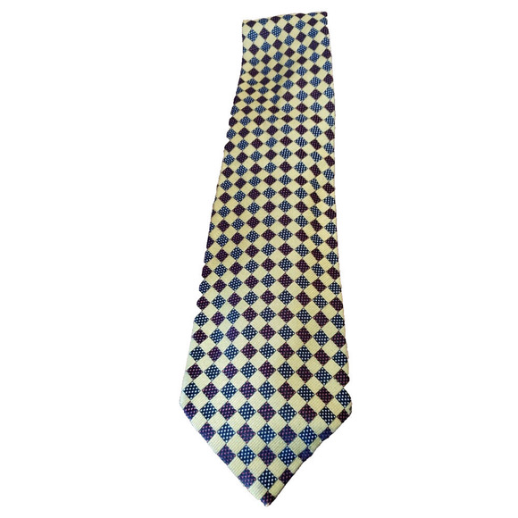 Aquascutum of London Black and Yellow Diamond Pattern Silk Necktie Tie - Picture 1 of 5